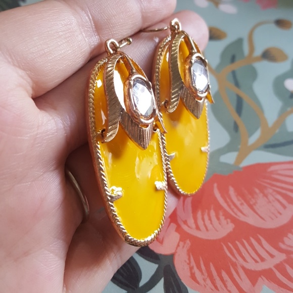 Yellow Oval Drop Earrings Boho - Picture 6 of 7
